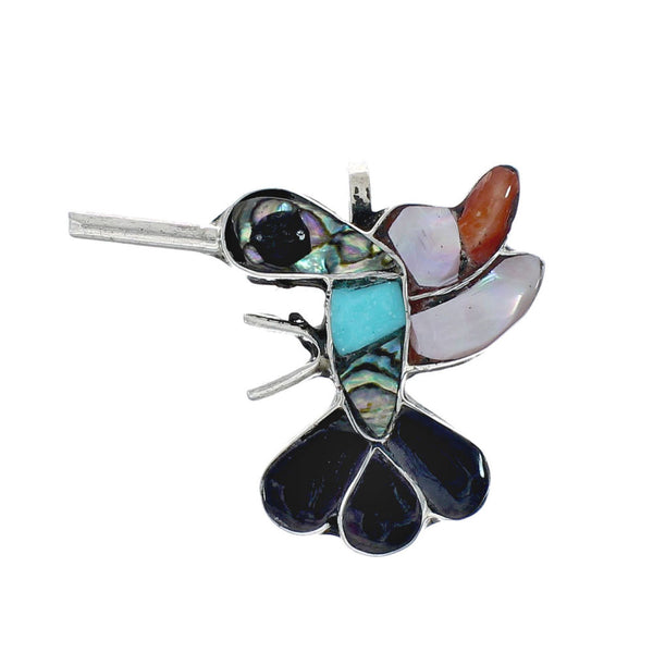 Zuni Multicolor Inlay Genuine Sterling Silver Hummingbird Pendant JX131160